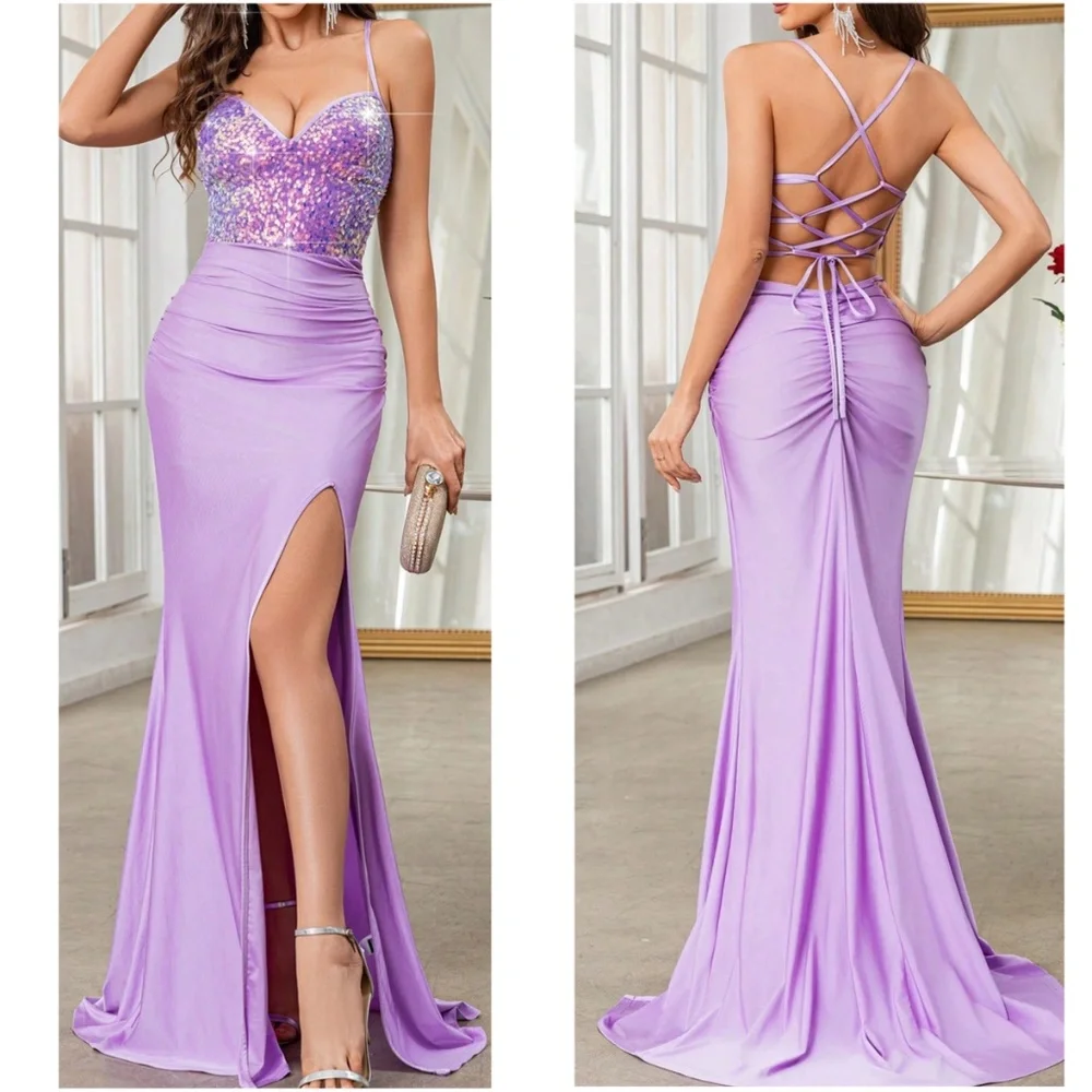 Luxe Sequin Satin Criss Cross Lace up Prom Formal Party Dress - Picture 7 of 9